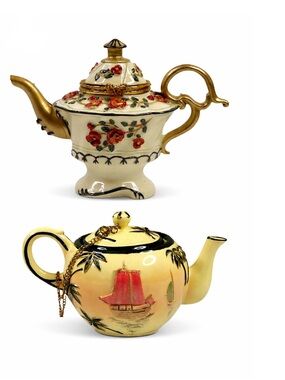 2 Vintage Nini Mini Trinket Teapots Set England & Japan Canterbury & Tranquility